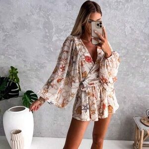 Fashionable Flower Random Print V-Neck Long Sleeve Jumpsuit